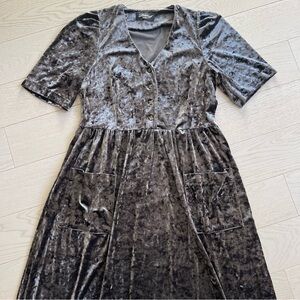 Lebkoff Designs grey silver thick velvet maxi button up short sleeve dress